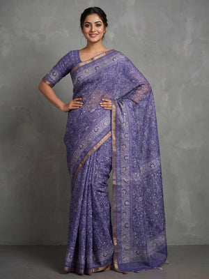 Elegant Purple Linen Saree with Floral Print and Border Detail - Image 1