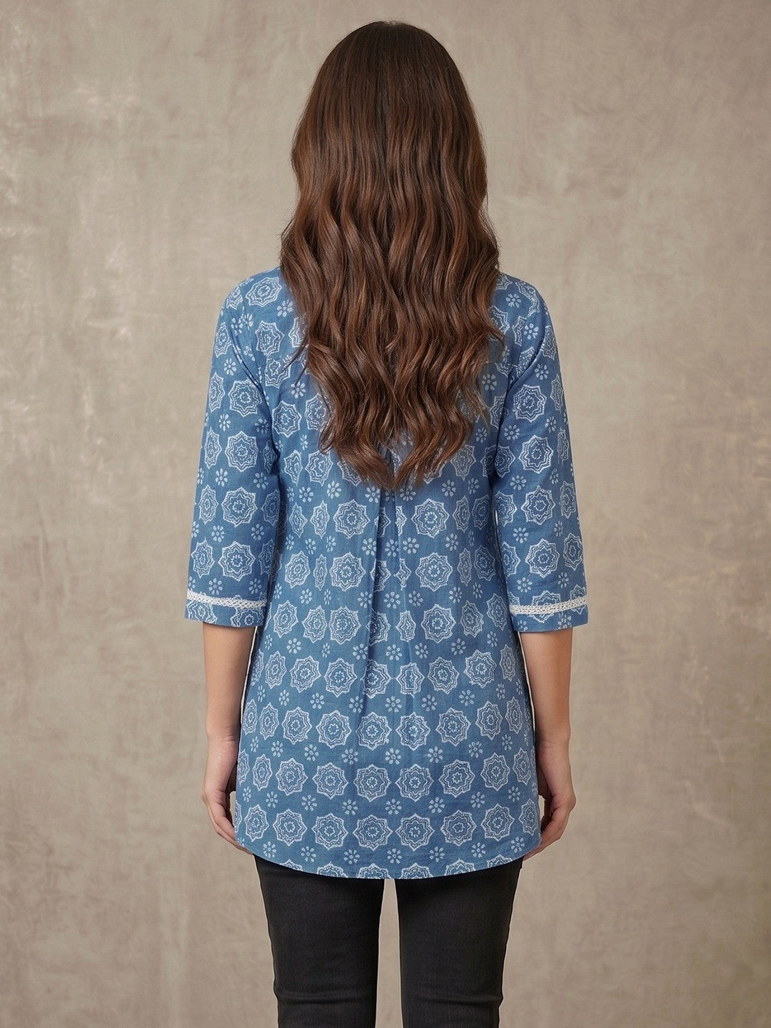 Geometric Printed Blue Pure Cotton Shirt Style Top - Image 4
