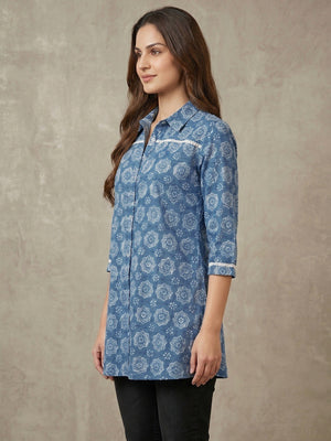 Geometric Printed Blue Pure Cotton Shirt Style Top - Image 2