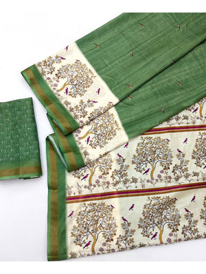 Green Digital Printed Dola Silk Saree with Zari Border Lightweight Festive Wear - Image 2