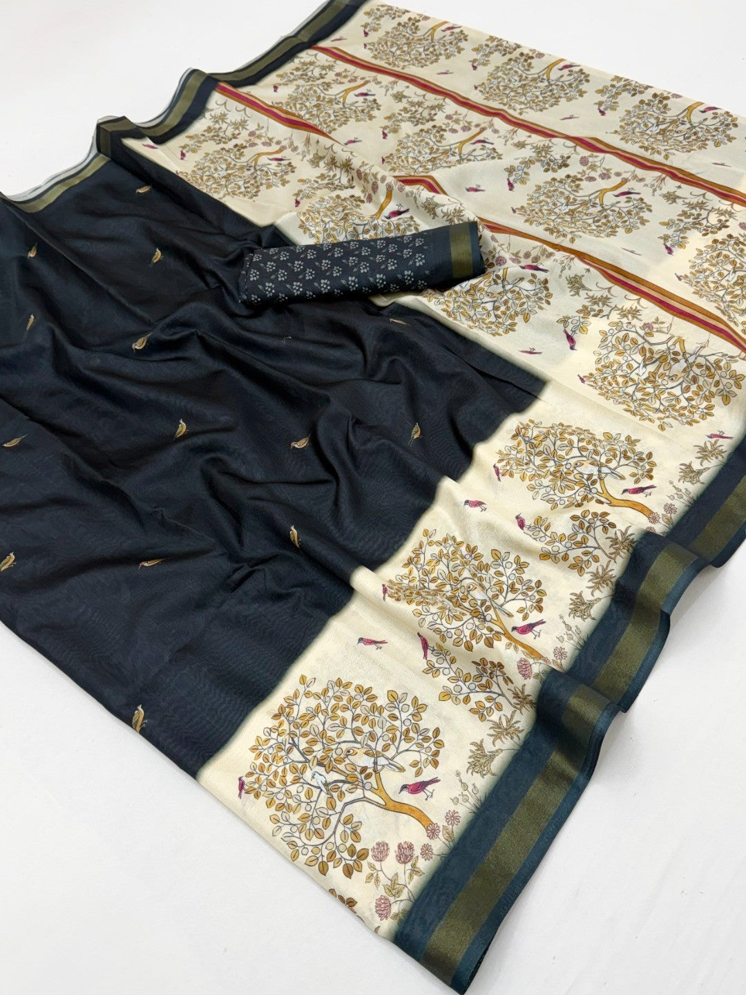 Black Digital Printed Dola Silk Saree With Zari Border - Image 2