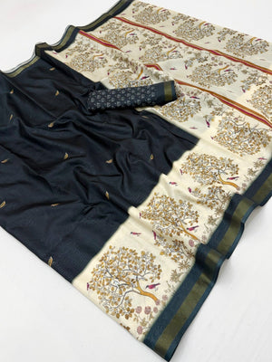 Black Digital Printed Dola Silk Saree With Zari Border - Image 2