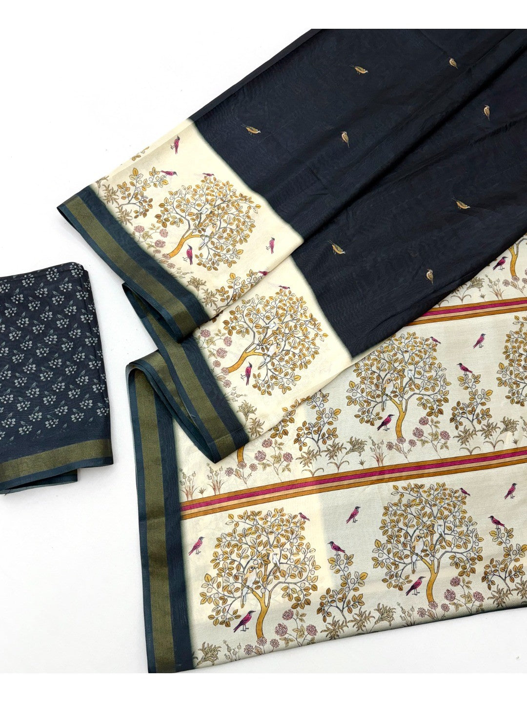 Black Digital Printed Dola Silk Saree With Zari Border - Image 3