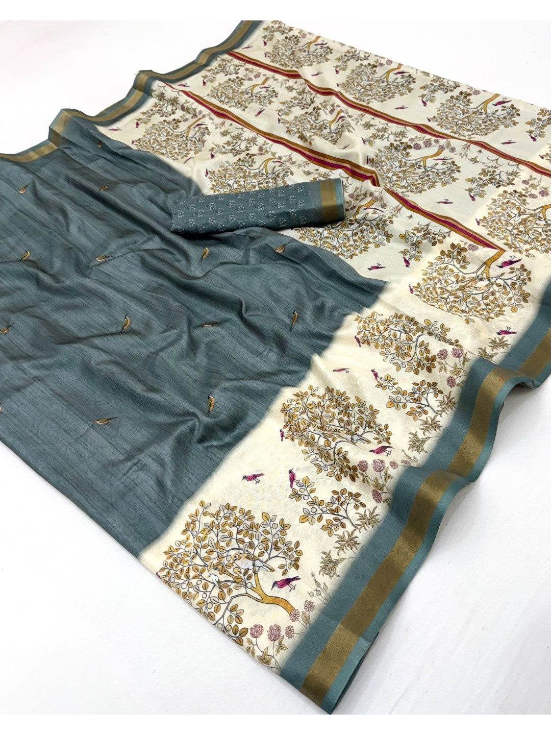 Elegant Grey Digital Printed Dola Silk Saree with Zari Border - Image 2