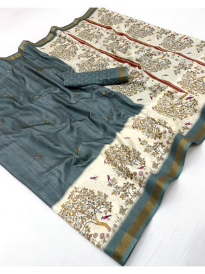 Elegant Grey Digital Printed Dola Silk Saree with Zari Border - Image 2
