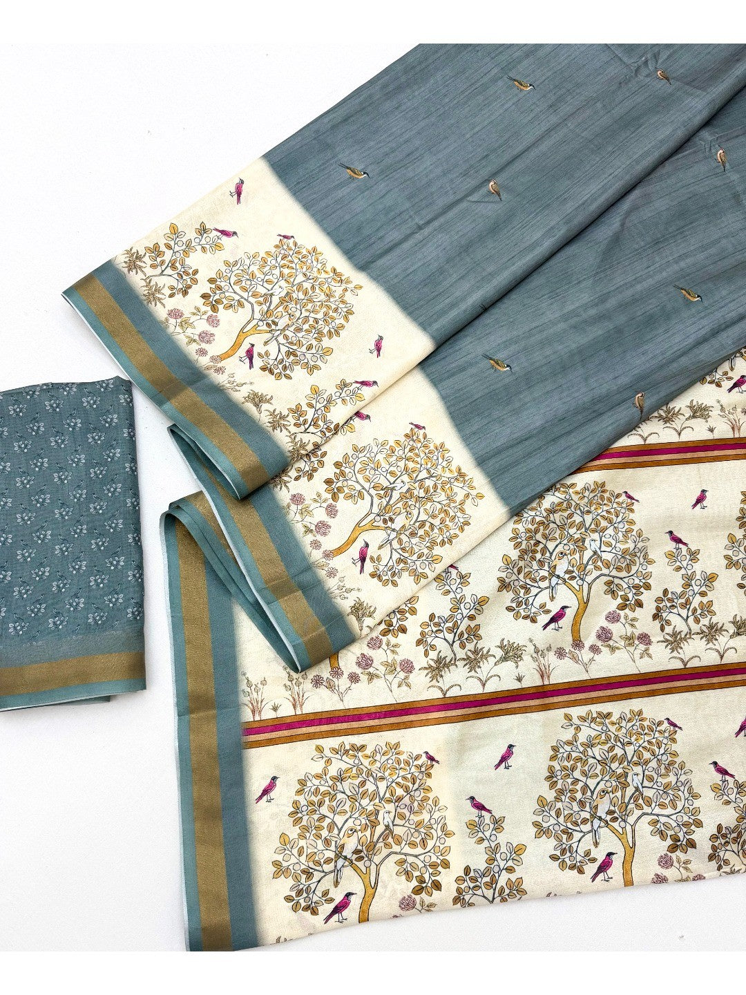 Elegant Grey Digital Printed Dola Silk Saree with Zari Border - Image 3