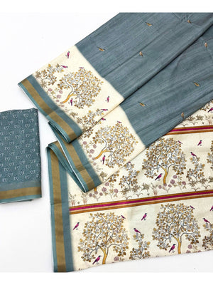 Elegant Grey Digital Printed Dola Silk Saree with Zari Border - Image 2