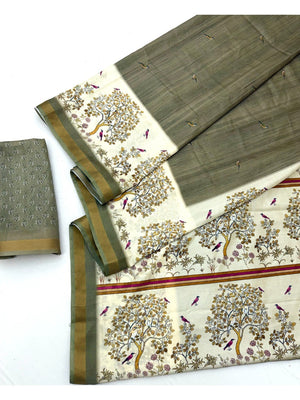 Olive Digital Printed Dola Silk Saree with Zari Border - Image 2