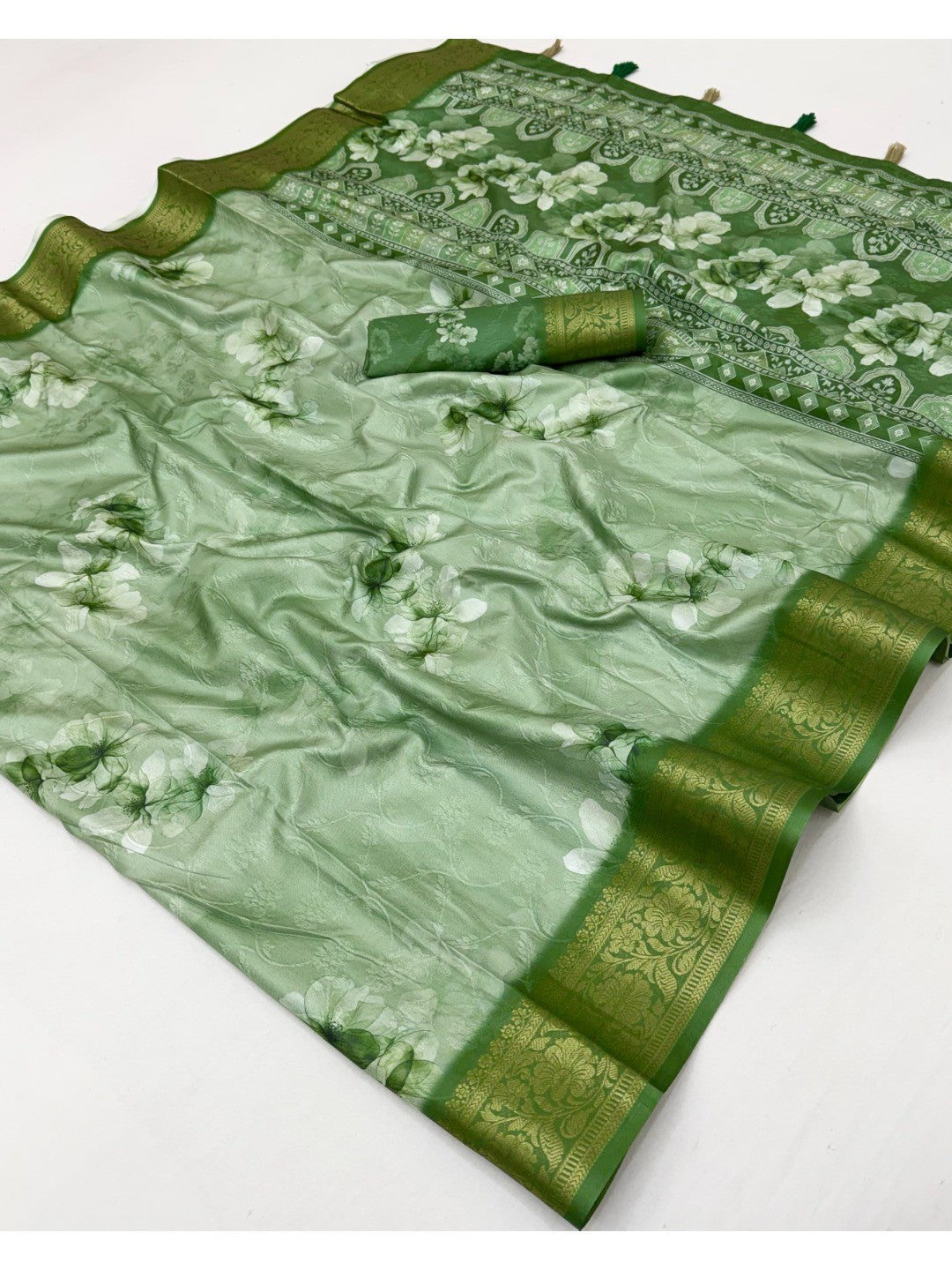 Elegant Green Dola Silk Saree with Floral Digital Print and Zari Border - Image 2