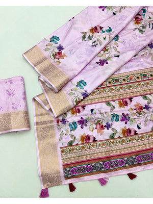 Stylish Light Lilac Pink Floral Digital Printed Dola Silk Saree With Elegant Woven Border - Image 2