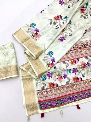 Stylish Pista Green Floral Digital Printed Dola Silk Saree With Elegant Woven Border - Image 2