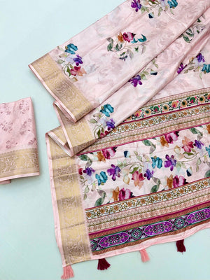 Stylish Peach Floral Digital Printed Dola Silk Saree With Elegant Woven Border - Image 2