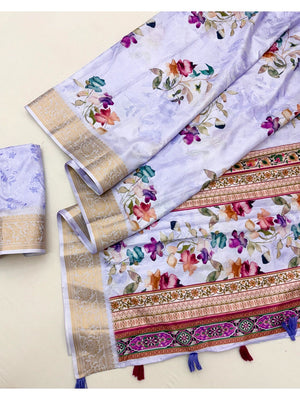 Stylish Lavender Floral Digital Printed Dola Silk Saree With Elegant Woven Border - Image 2
