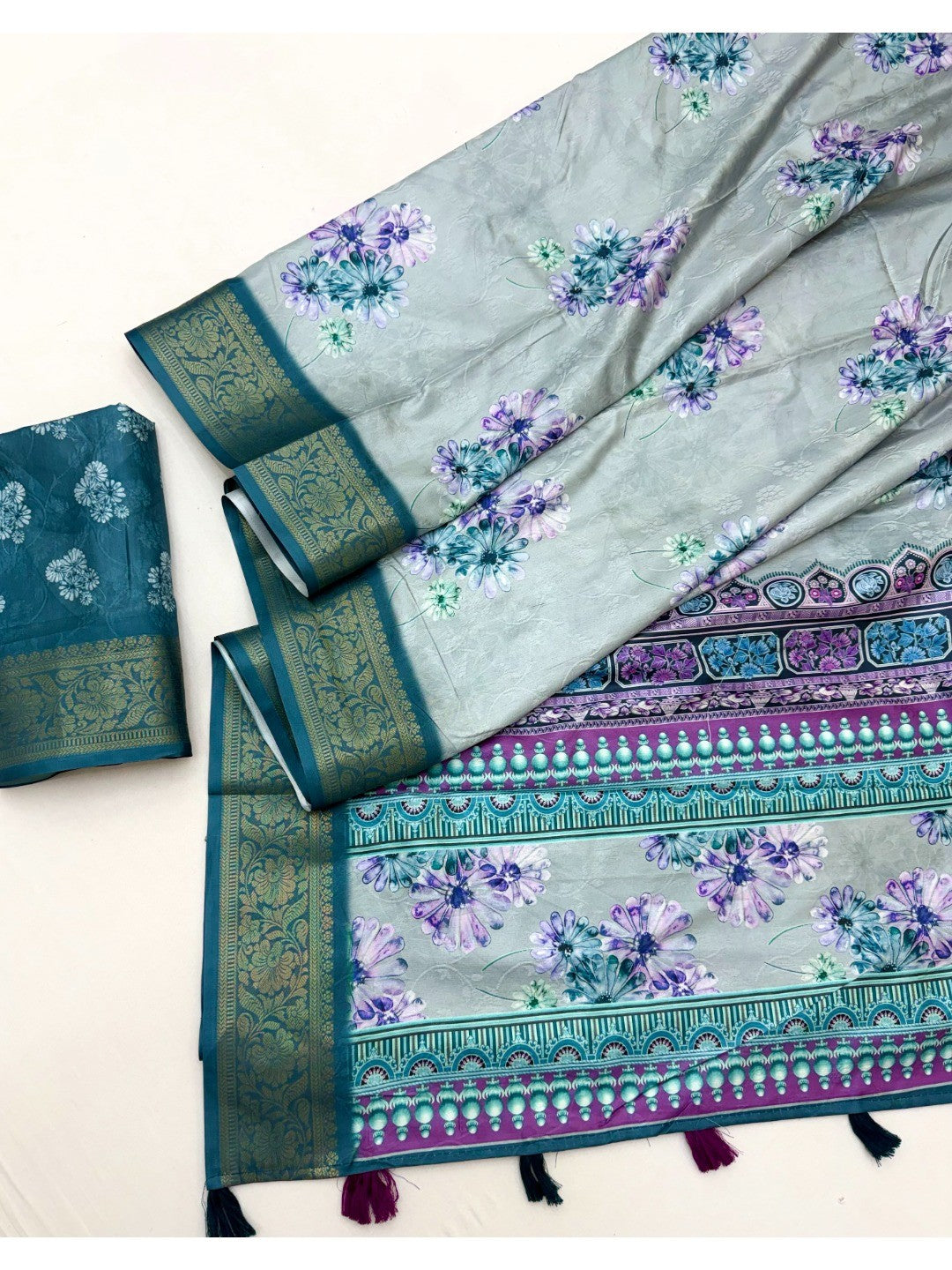 Elegant Blue Dola Silk Saree with Floral Digital Print - Image 3