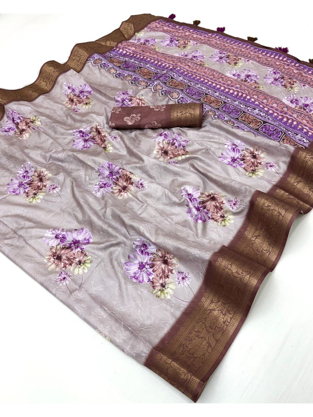 Elegant Floral Digital Print Grey & Brown Dola Silk Saree with Jacquard Border - Image 2