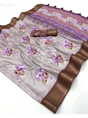 Elegant Floral Digital Print Grey & Brown Dola Silk Saree with Jacquard Border - Image 2