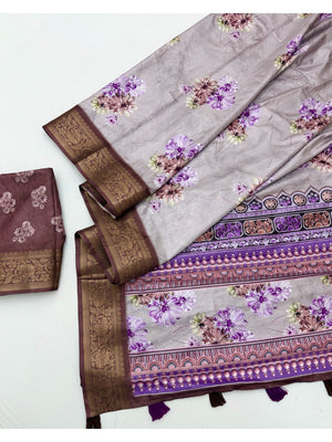 Elegant Floral Digital Print Grey & Brown Dola Silk Saree with Jacquard Border - Image 2