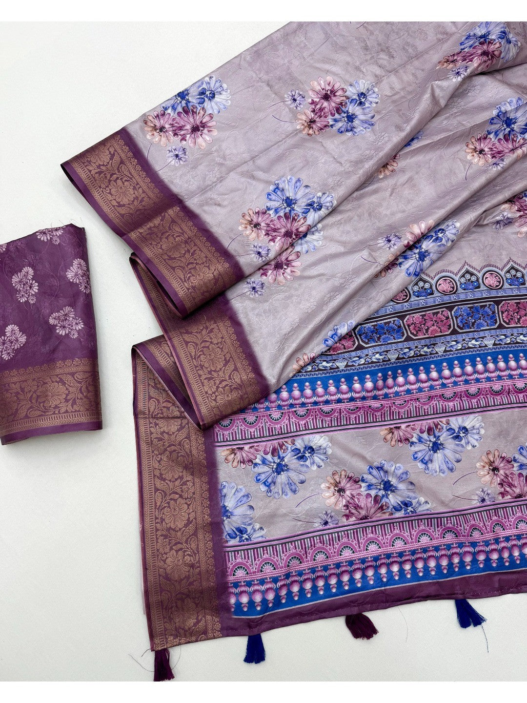Elegant Violet Dola Silk Saree with Floral Digital Print and Jacquard Border - Image 3