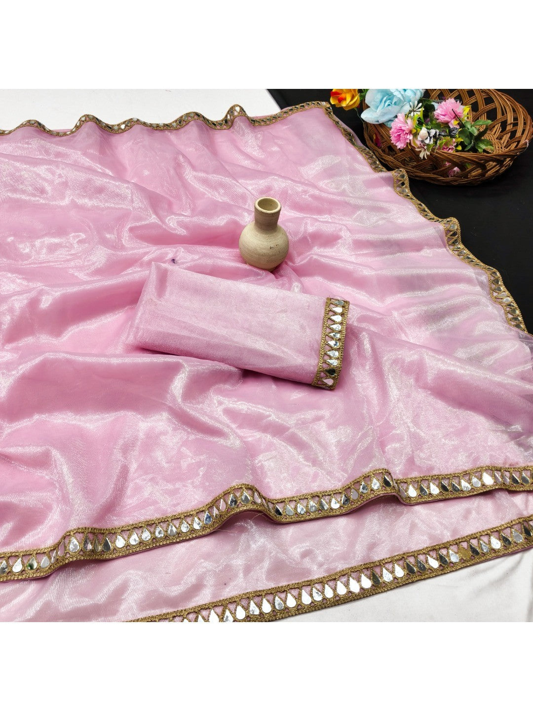Premium Pink Net Saree with Mirror Work Border Glamorous Festive Outfit - Image 2