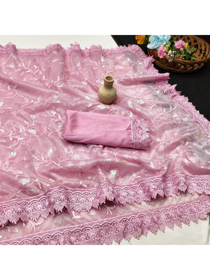 Designer Pink Net Saree with Sequins Work and Lace Border Modern Ethnic Style - Image 2