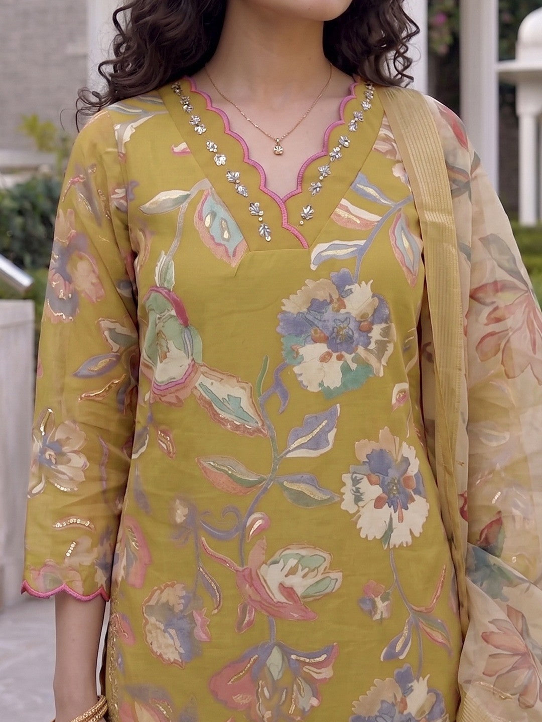 Mustard Floral Printed Viscose Blend Straight Kurta Set with Dupatta - Image 4
