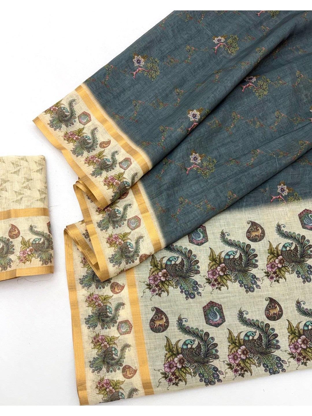Elegant Grey Cotton Silk Digital Print Saree with Zari Border - Image 2