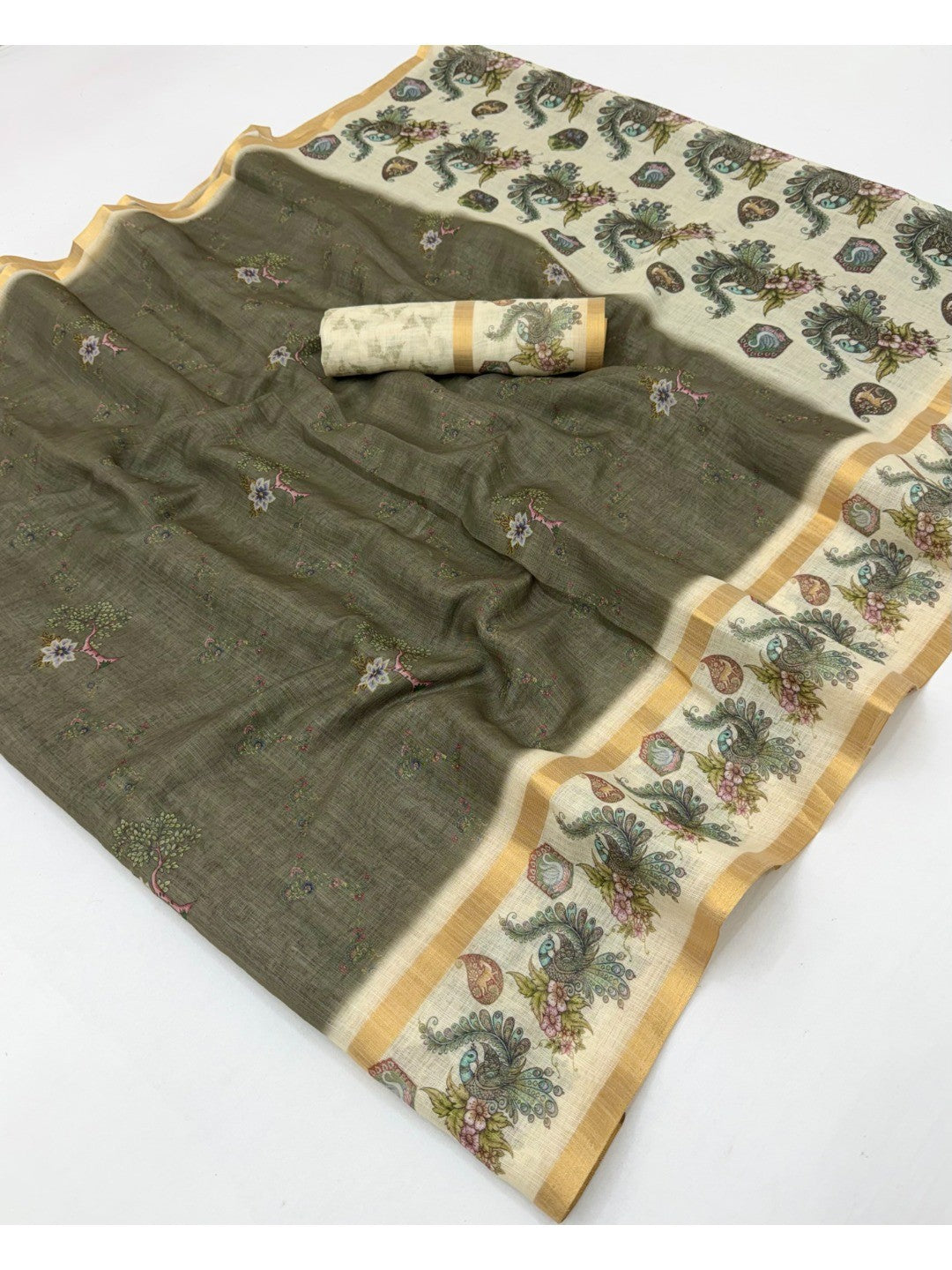 Olive Digital Printed Cotton Silk Saree with Zari Border - Image 3