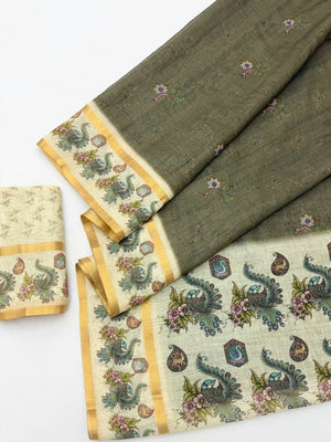 Olive Digital Printed Cotton Silk Saree with Zari Border - Image 2