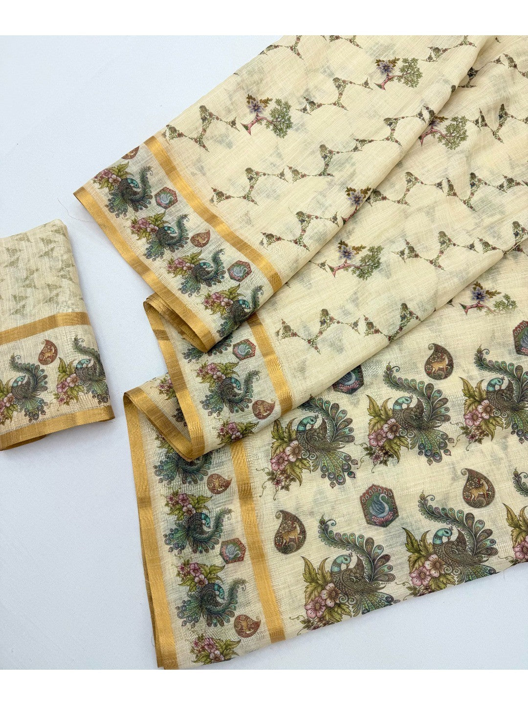 Offwhite Cotton Silk Digital Print Saree with Zari Border - Image 2