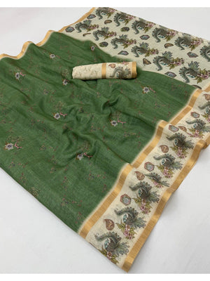 Elegant Green Cotton Silk Digital Print Saree with Zari Border - Image 2