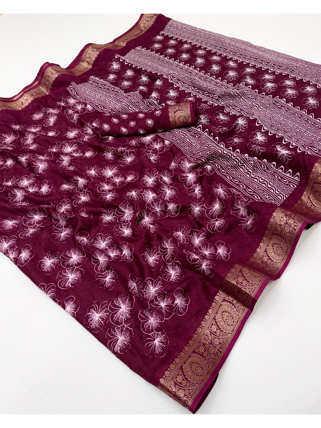 Premium Maroon Dola Silk Saree with Digital Printed Design and Zari Work - Image 2