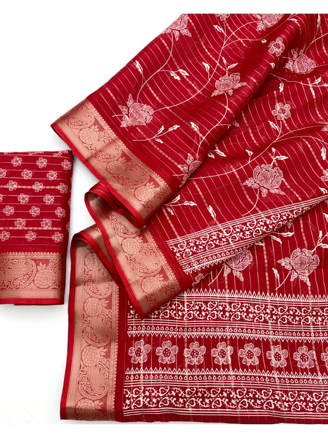 Elegant Red Crepe Saree with Floral Print and Zari Jacquard Border - Image 3