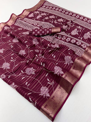 Elegant Wine Crepe Saree with Zari Woven Jacquard Border - Image 2