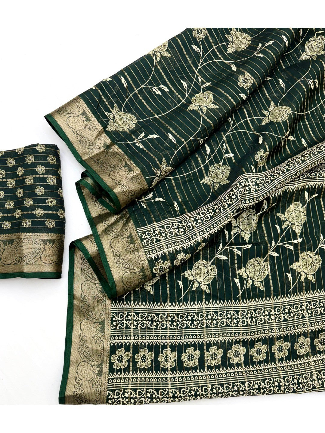 Elegant Green Crepe Saree with Zari Work and Floral Jaquard Border - Image 2