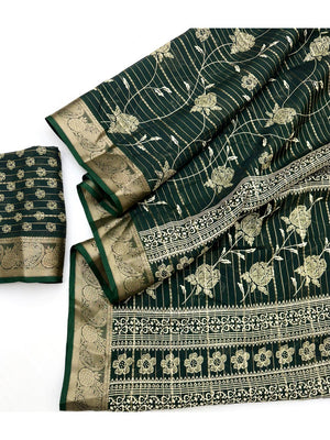 Elegant Green Crepe Saree with Zari Work and Floral Jaquard Border - Image 2