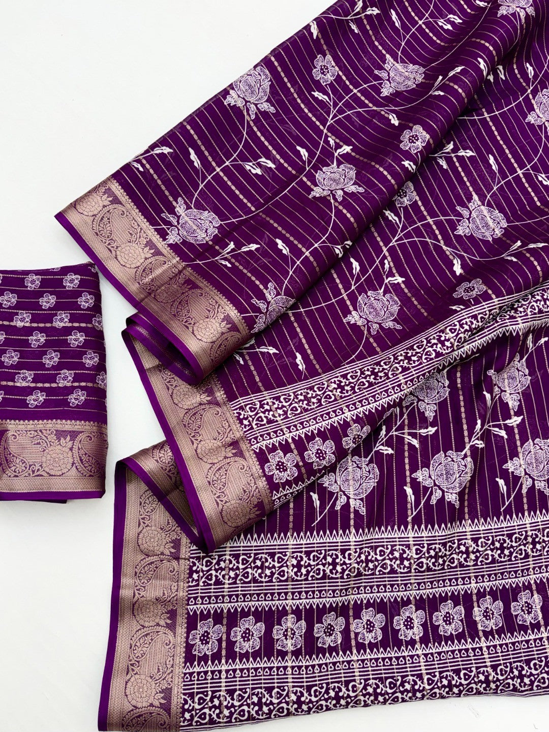 Elegant Purple Crepe Saree with Floral Print and Zari Jacquard Border - Image 2