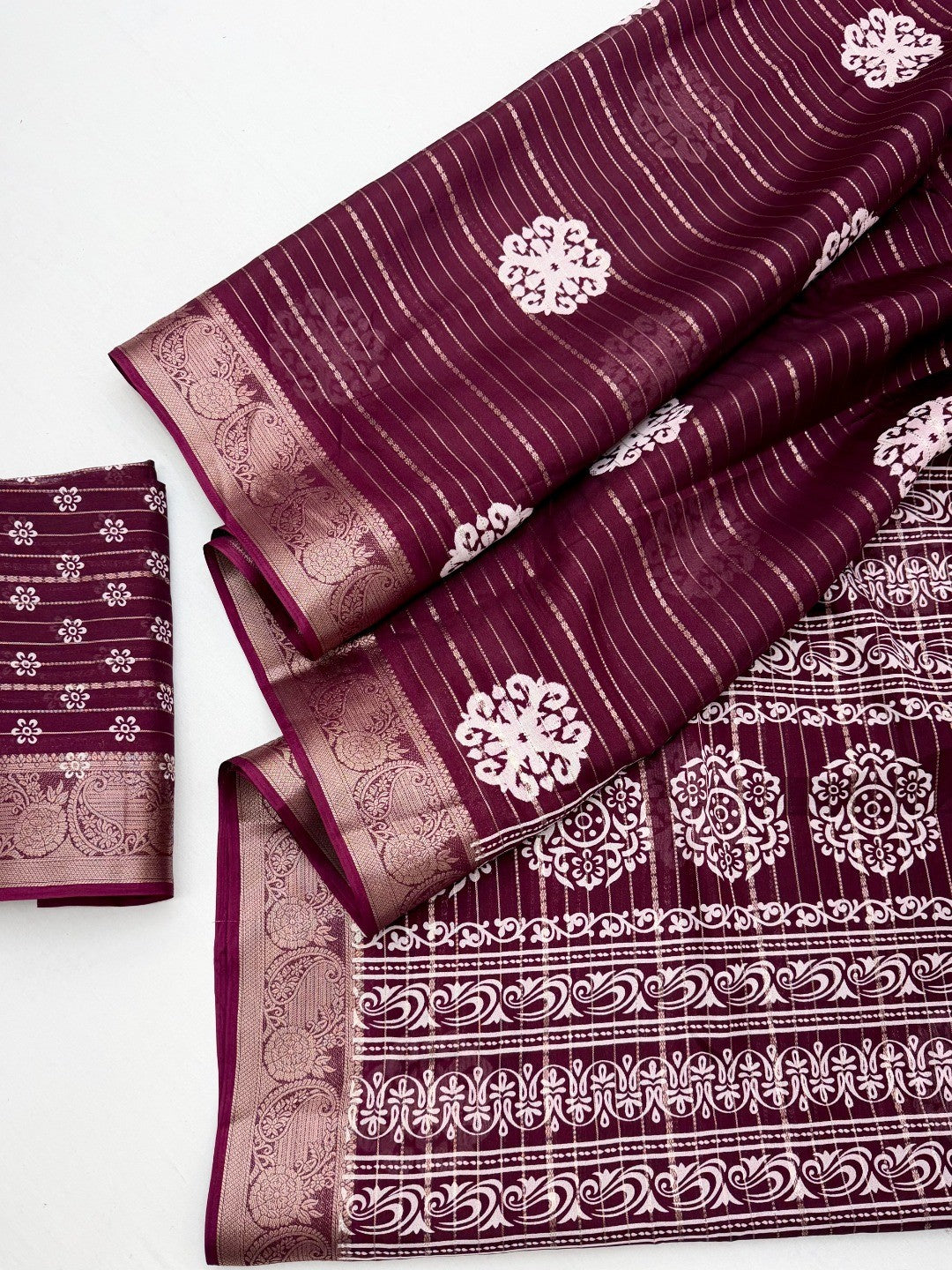 Wine Striped Crepe Saree with Zari Jacquard Border - Image 2