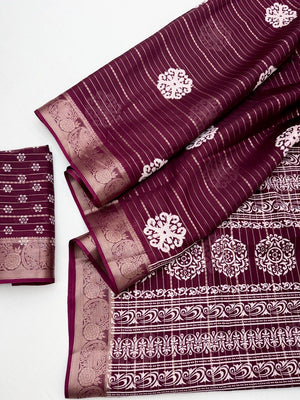 Wine Striped Crepe Saree with Zari Jacquard Border - Image 2
