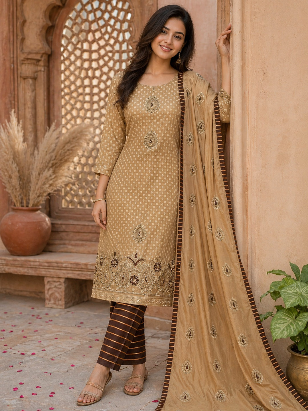 Cream Zardosi Work Fancy Fabric Dress Material - Image 4