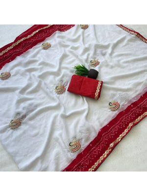 Elegant White Georgette Bandhani Saree with Embroidered Peacock Motifs - Image 2