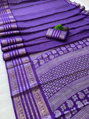 Elegant Checked Purple Dola Silk Saree with Zari Border - Image 2