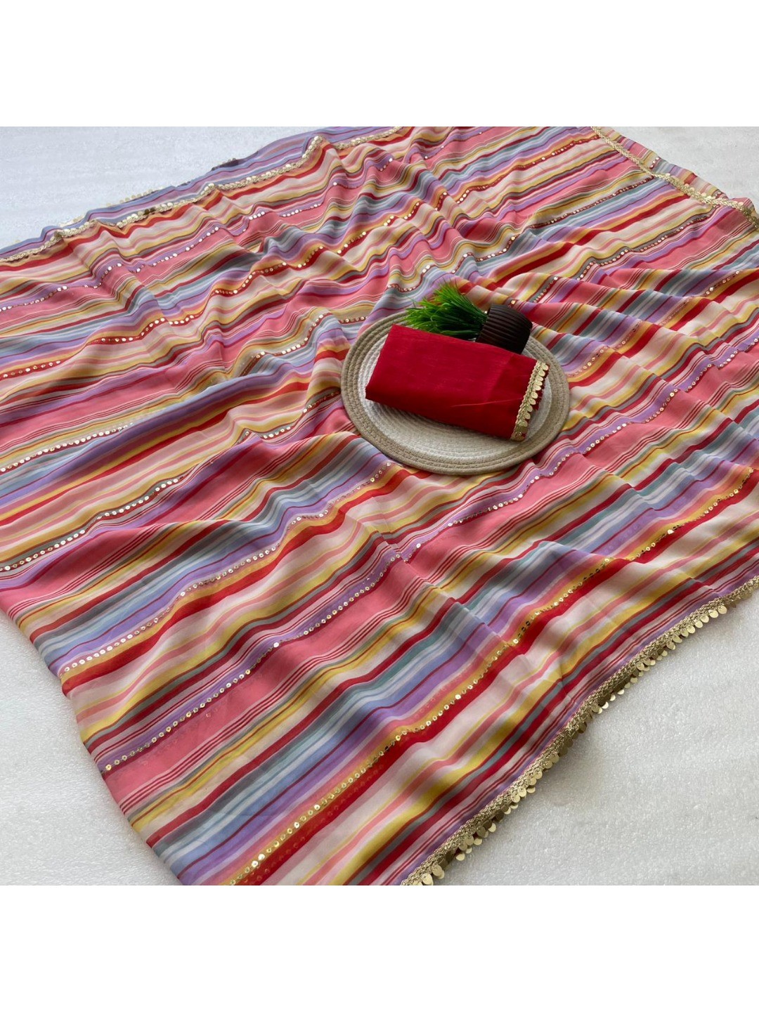Multicolor Striped Georgette Saree with Sequins Work - Image 4