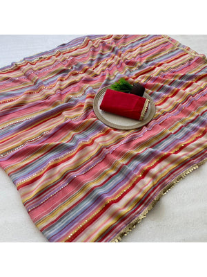 Multicolor Striped Georgette Saree with Sequins Work - Image 2