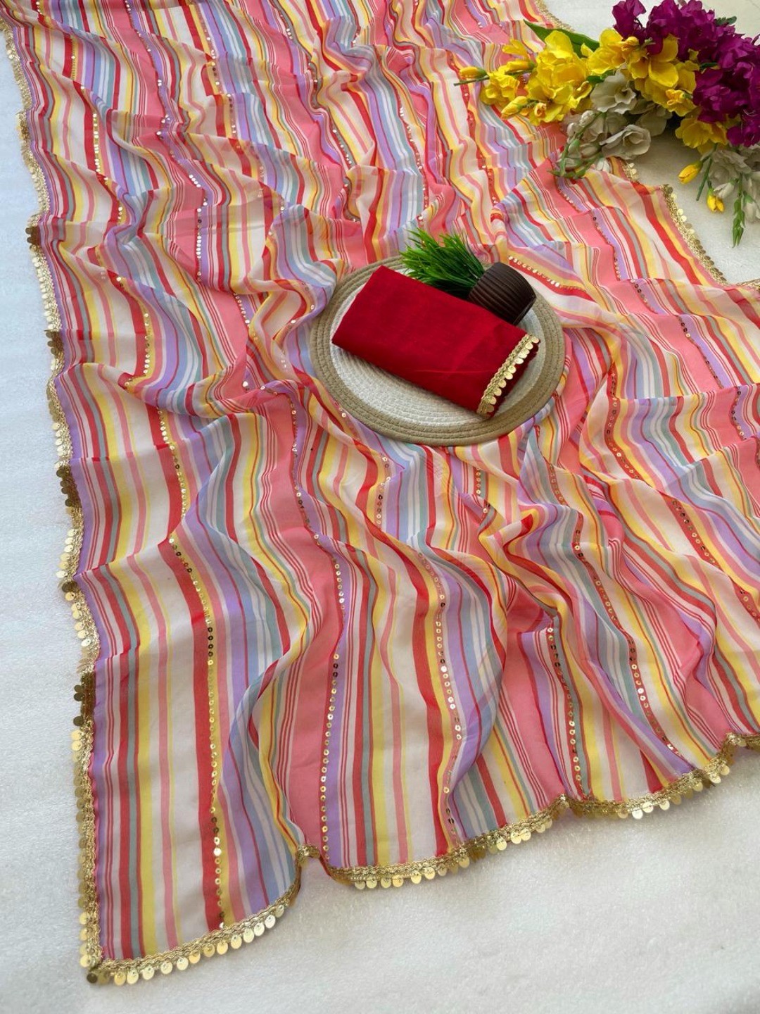 Multicolor Striped Georgette Saree with Sequins Work - Image 3