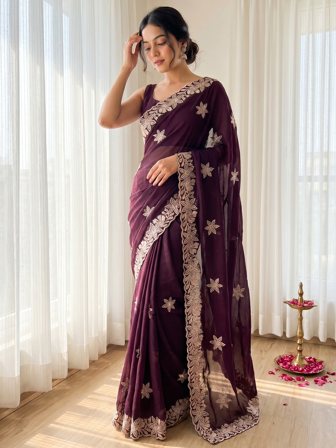 Designer Wine Georgette Saree with Star Embroidery Chic Party Outfit - Image 1