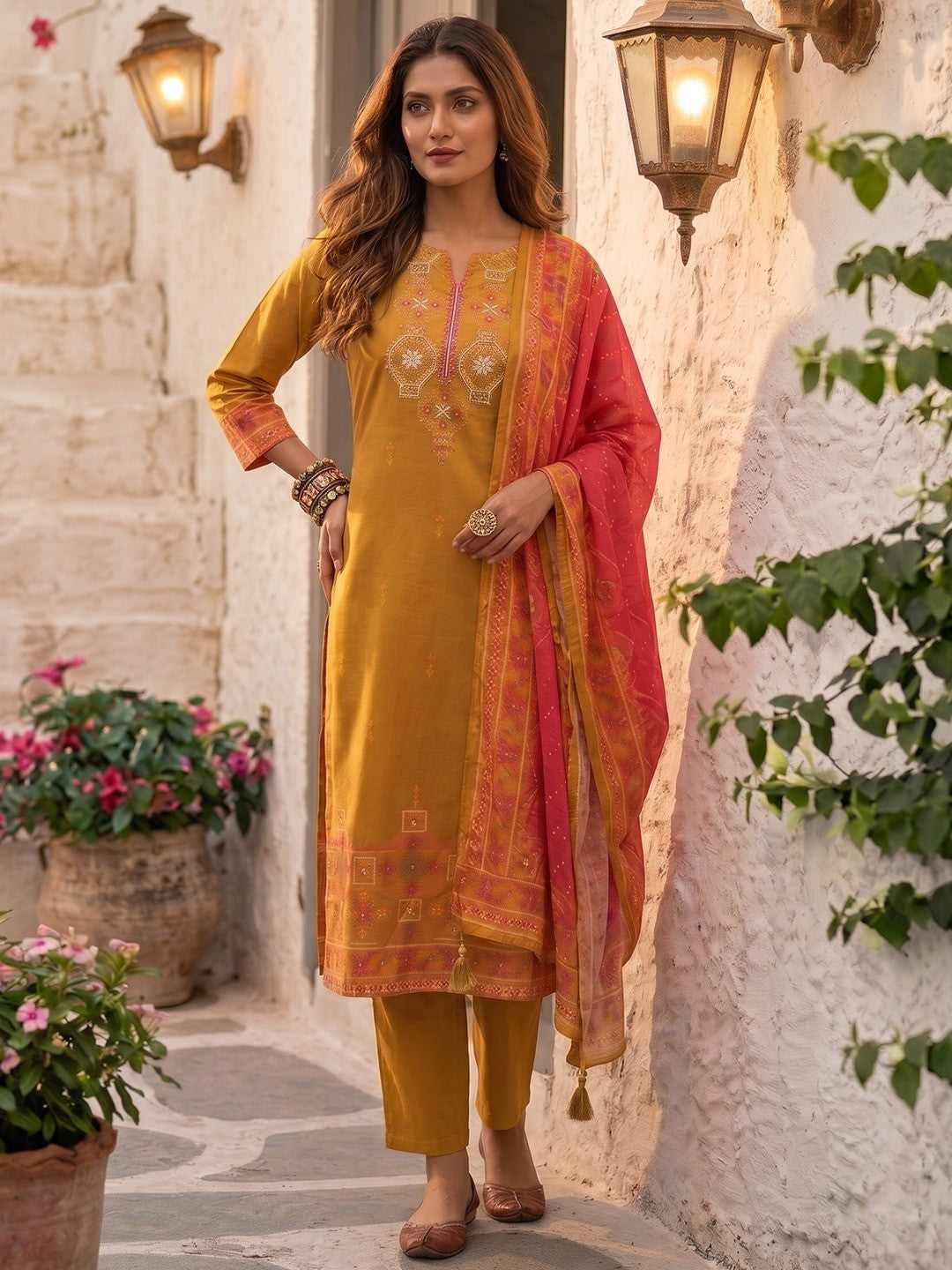Mustard Pure Cotton Straight Cut Salwar Suit with Printed Dupatta Elegant Look - Image 1