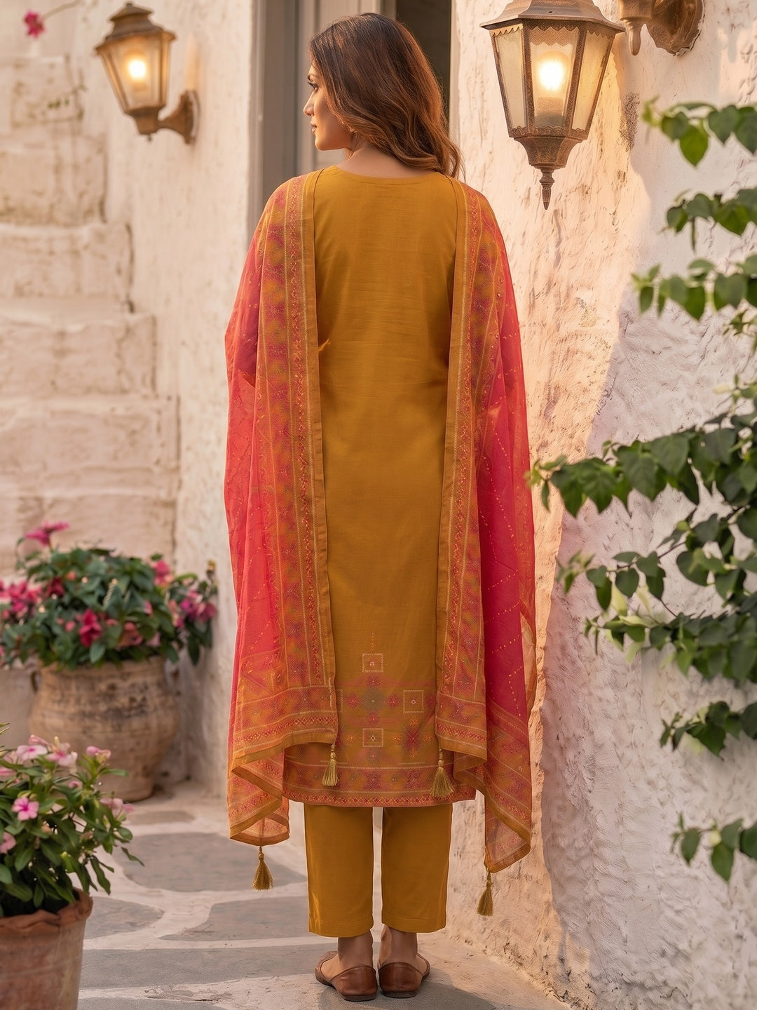 Mustard Pure Cotton Straight Cut Salwar Suit with Printed Dupatta Elegant Look - Image 3