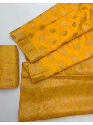 Yellow Cotton Silk Saree With Floral Zari Weave - Image 2