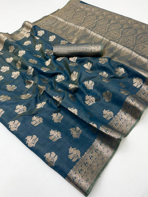 Elegant Teal Cotton Silk Saree With Floral Zari Weave - Image 2
