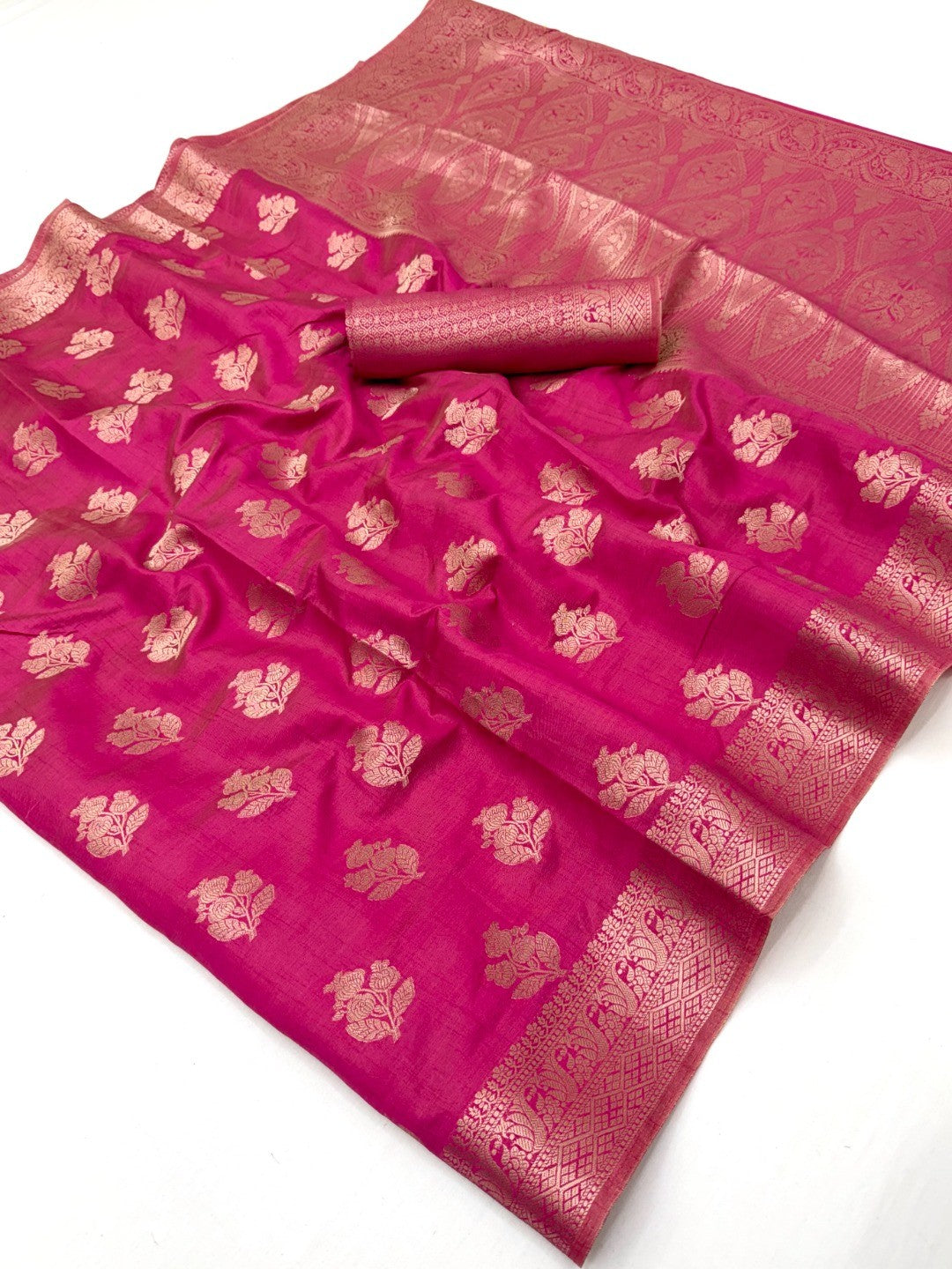 Elegant Pink Cotton Silk Saree with Floral Zari Weave - Image 2